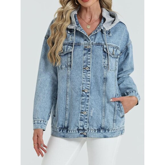 Women’s Oversized Denim Jacket Hood Ripped Distressed Casual Street Wear - Picture 4 of 7